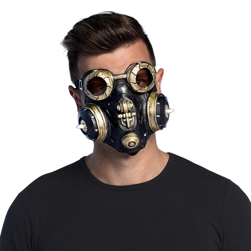Latex gezichtsmasker Gas master zwart met goud heren