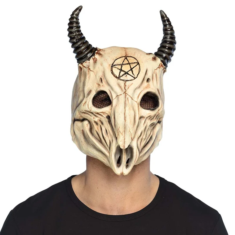 Latex hoofdmasker ram schedel met hoorns en pentagram