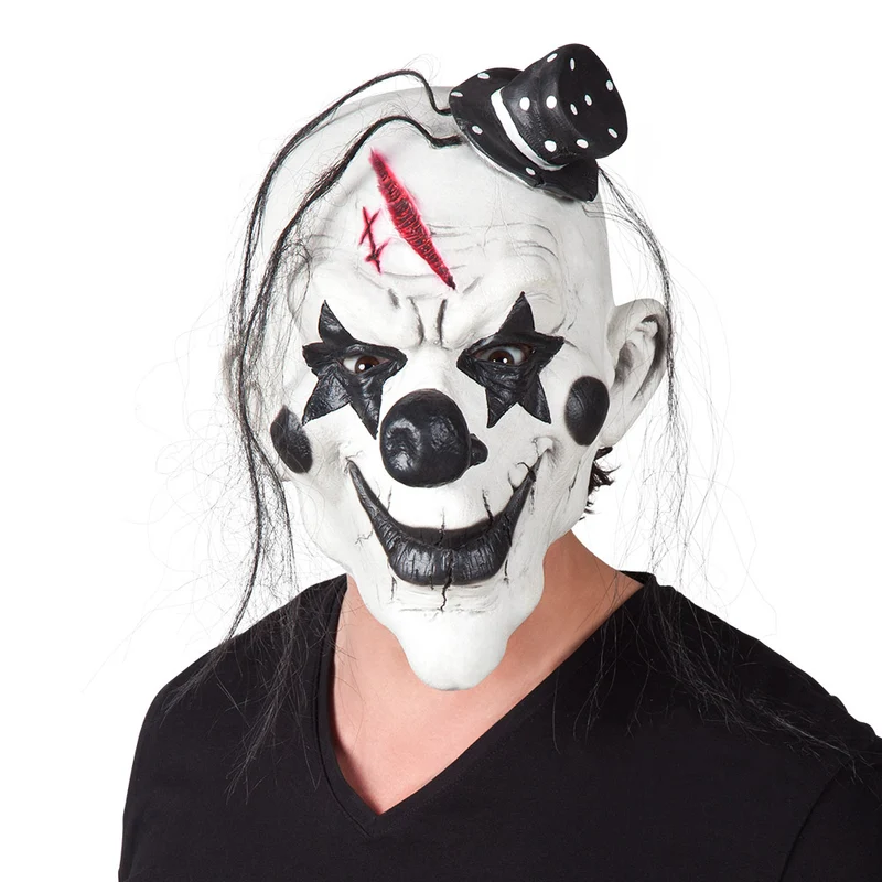 Latex hoofdmasker psycho clown met haar en hoedje heren