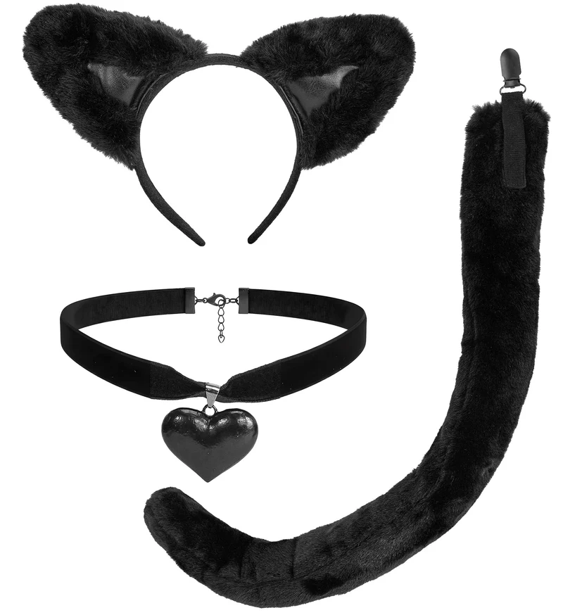 Kattenoortjes set dames zwart met choker en staart