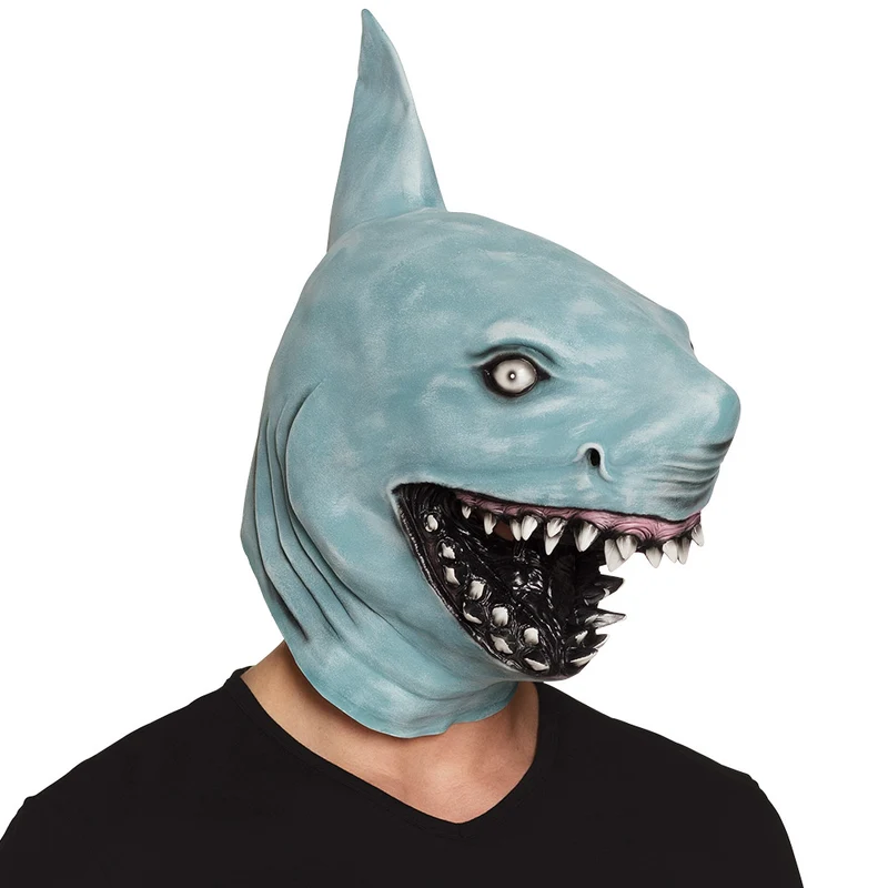 Latex hoofdmasker haai grijsblauw met rugvin