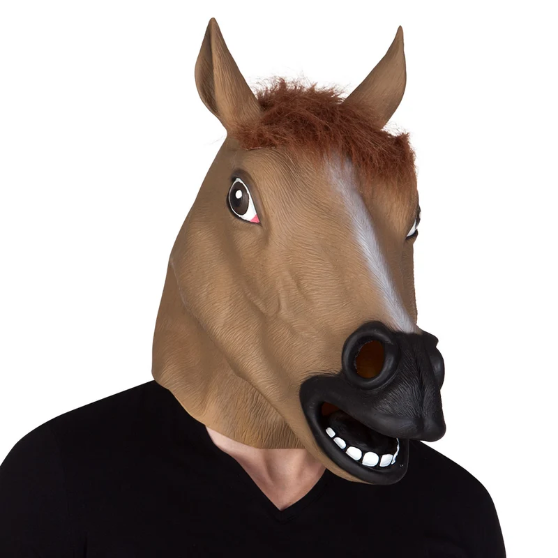 Paardenmasker latex bruin met manen, hoofdmasker heren