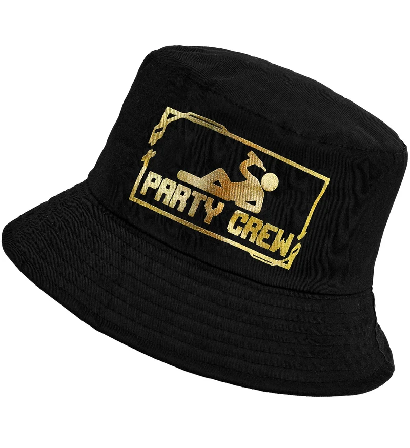 Bucket hoed Party Crew zwart met gouden opdruk