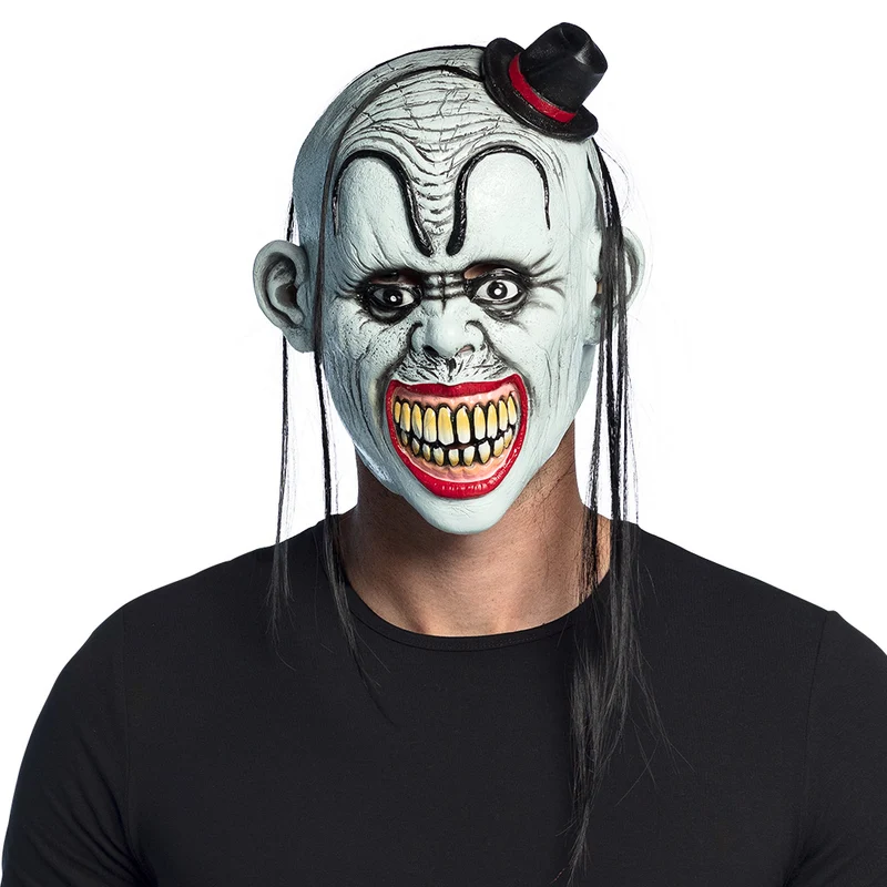 Latex hoofdmasker Bad clown met haar en mini hoge hoed
