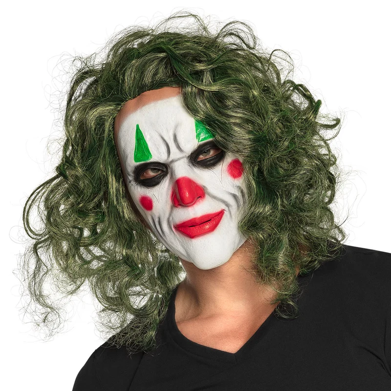 Latex hoofdmasker De Schurk met groen krulhaar