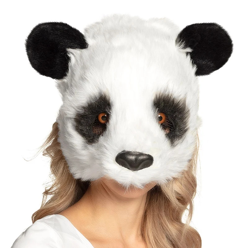 Pluchen halfmasker panda zwart-wit met oren