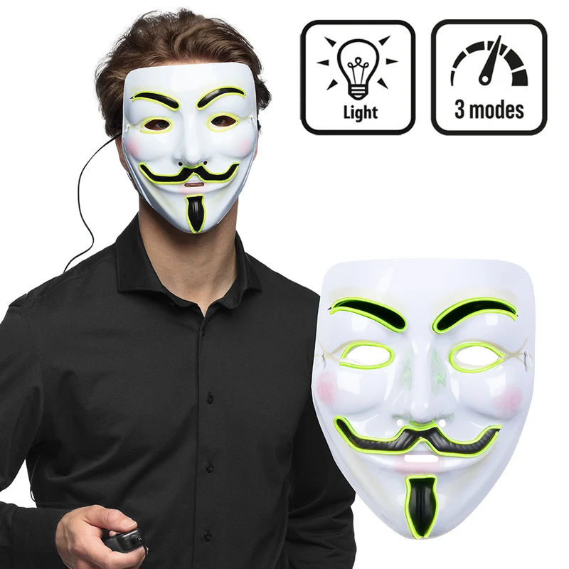 LED masker Protest wit met neongele lichtdraad, 3 standen