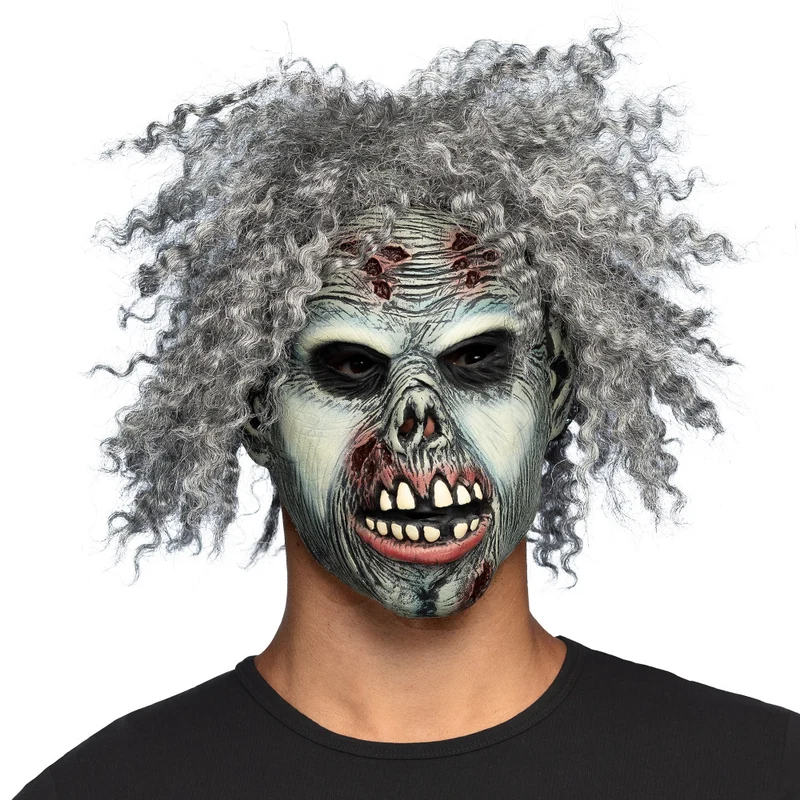 Latex hoofdmasker Crazy zombie met grijs haar heren