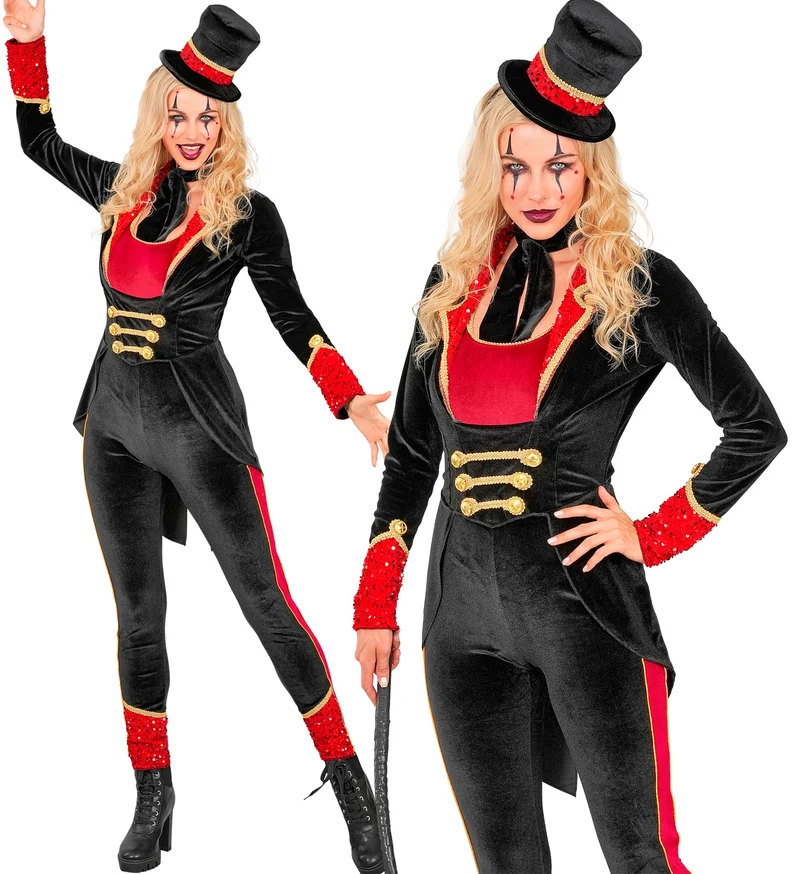 Circusdirecteur jumpsuit dames zwart met rode pailletten