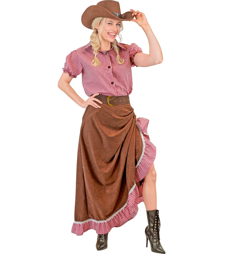 Cowgirl kostuum dames rood geruit met rok en riem