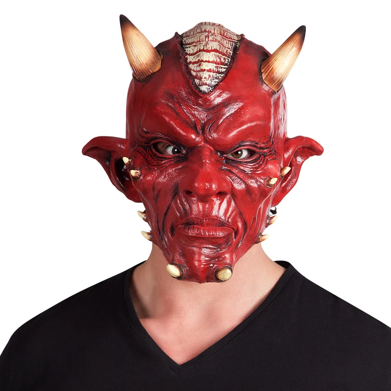 Latex hoofdmasker duivel deluxe rood met drie horens heren
