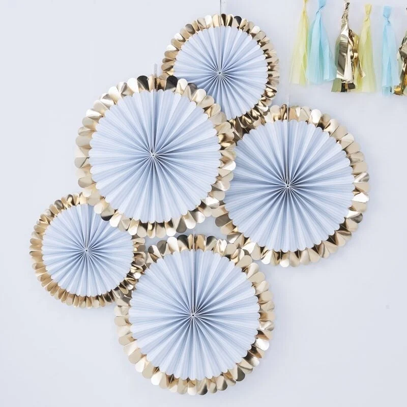 Paper fans lichtblauw goud pastel (5st)