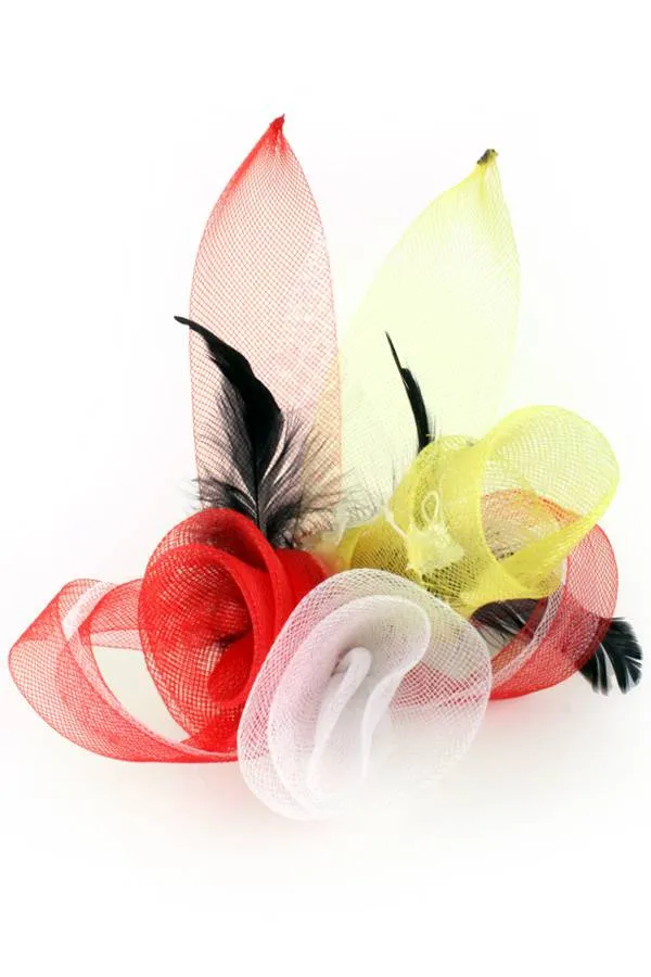 Broche tule 3 bloemen met veertjes rood-wit-geel