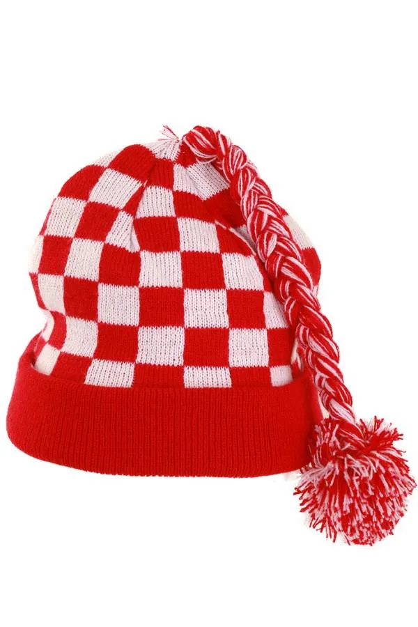 Gebreide muts geblokt rood wit