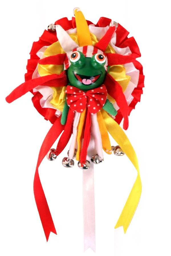 Broche kikkerkop op rozet rood/wit/geel