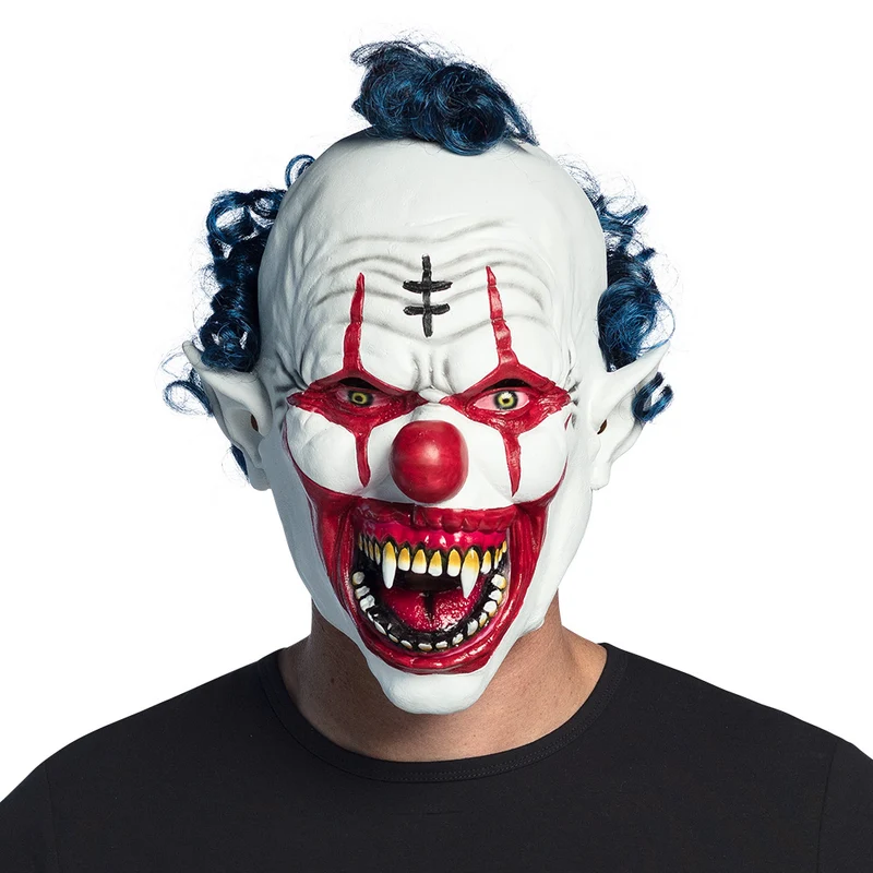 Latex hoofdmasker vampier clown met blauw haar heren