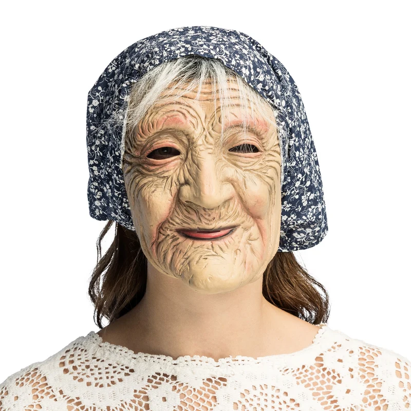 Latex hoofdmasker oude vrouw met hoofddoek en grijs haar