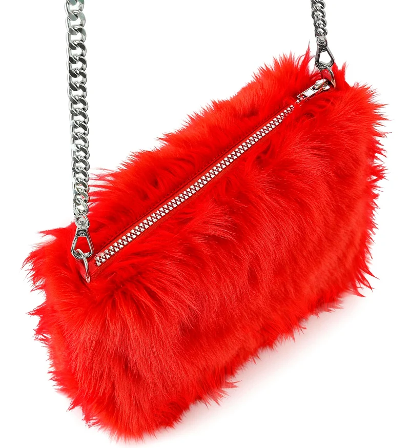 Pluche handtas rood met zilveren ketting voor dames