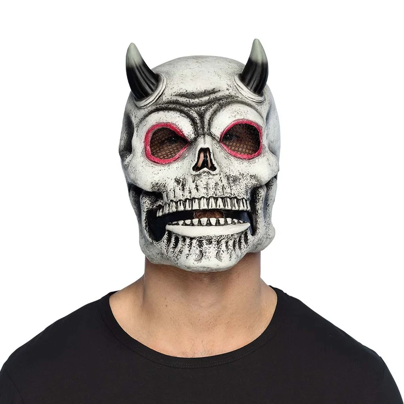 Latex hoofdmasker duivel schedel wit met zwarte hoorns