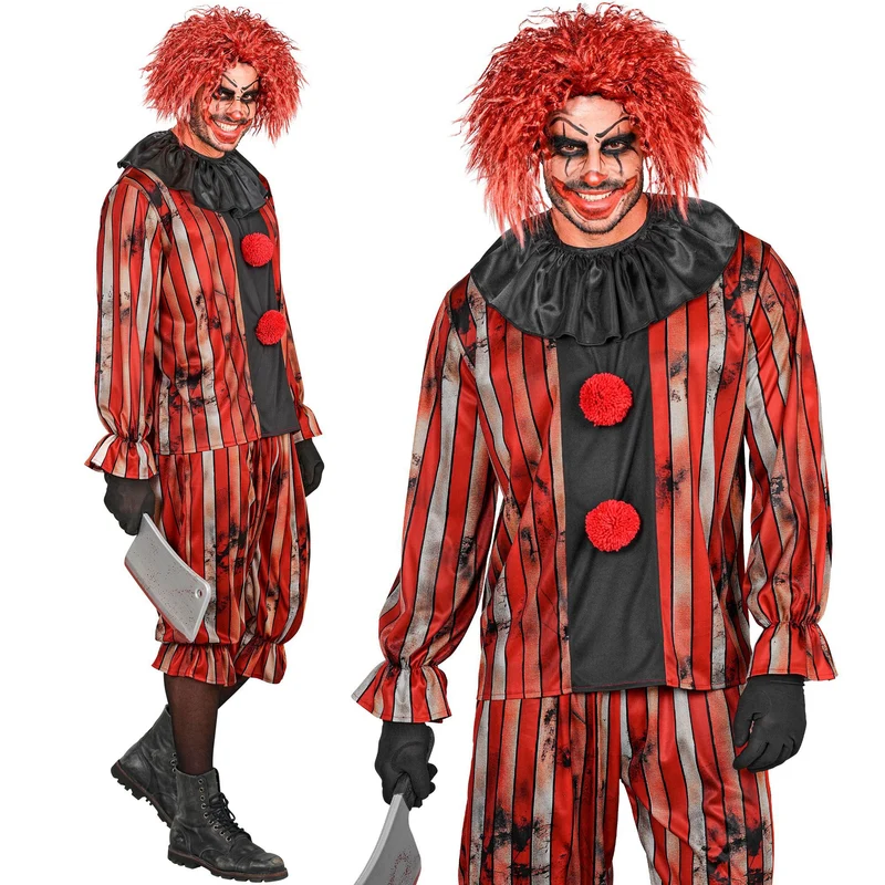 Gemene clown kostuum heren rood gestreept met plooikraag