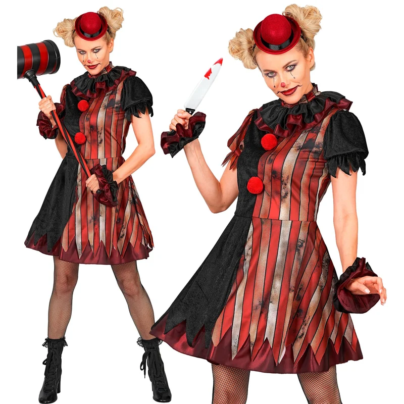 Gemene clownsjurk dames rood zwart | 5-delig kostuum