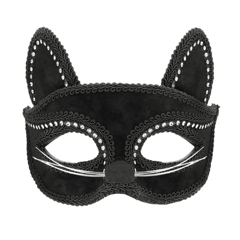 Kattenmasker zwart met strass en snorharen dames
