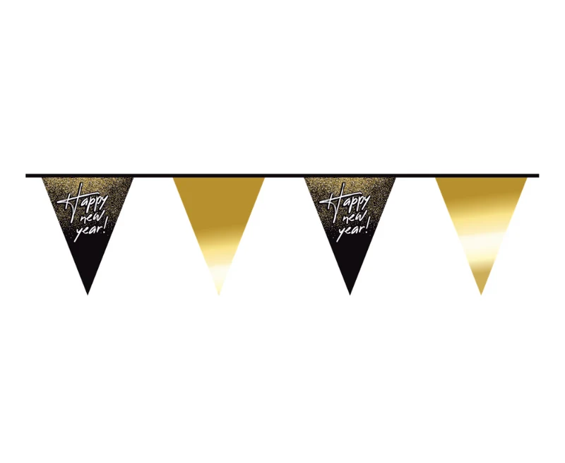 Vlaggenlijn Happy New Year Zwart/Goud (10m)