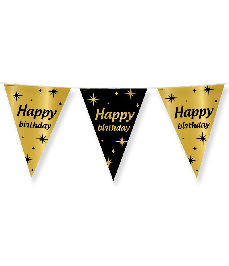 Happy Birthday Vlaggenlijn / slinger - 10 meter - goud en zwart - Classy vlaggetjes