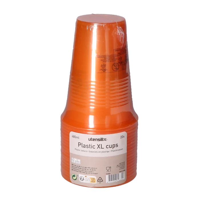 Bekers plastic XL oranje – 20 stuks (480 ml)