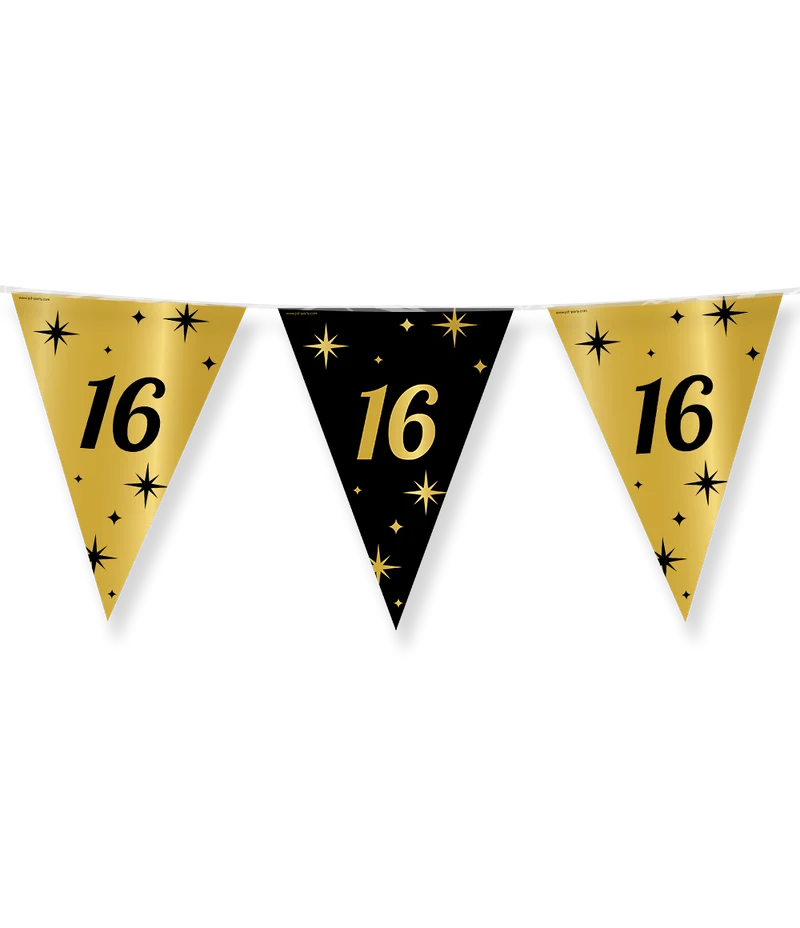 16 jaar Vlaggenlijn / slinger - 10 meter - goud en zwart - Classy vlaggetjes