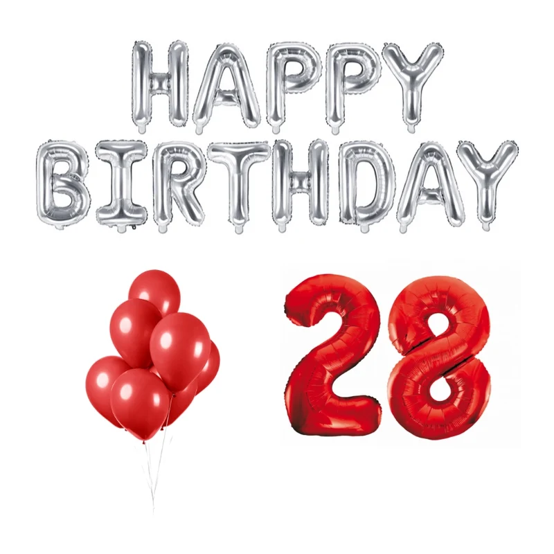 28 jaar Verjaardag Versiering Ballon Pakket rood & zilver