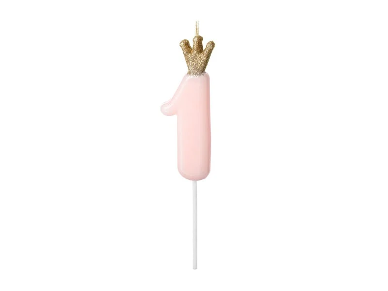 Kaarsje lichtroze met Kroontje cijfer 1
