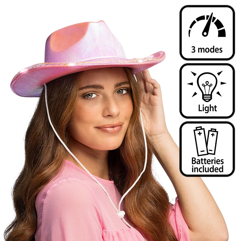 LED cowboyhoed Pearl roze met lichtjes