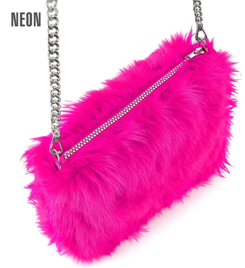 Handtas neon roze pluche met zilveren ketting dames