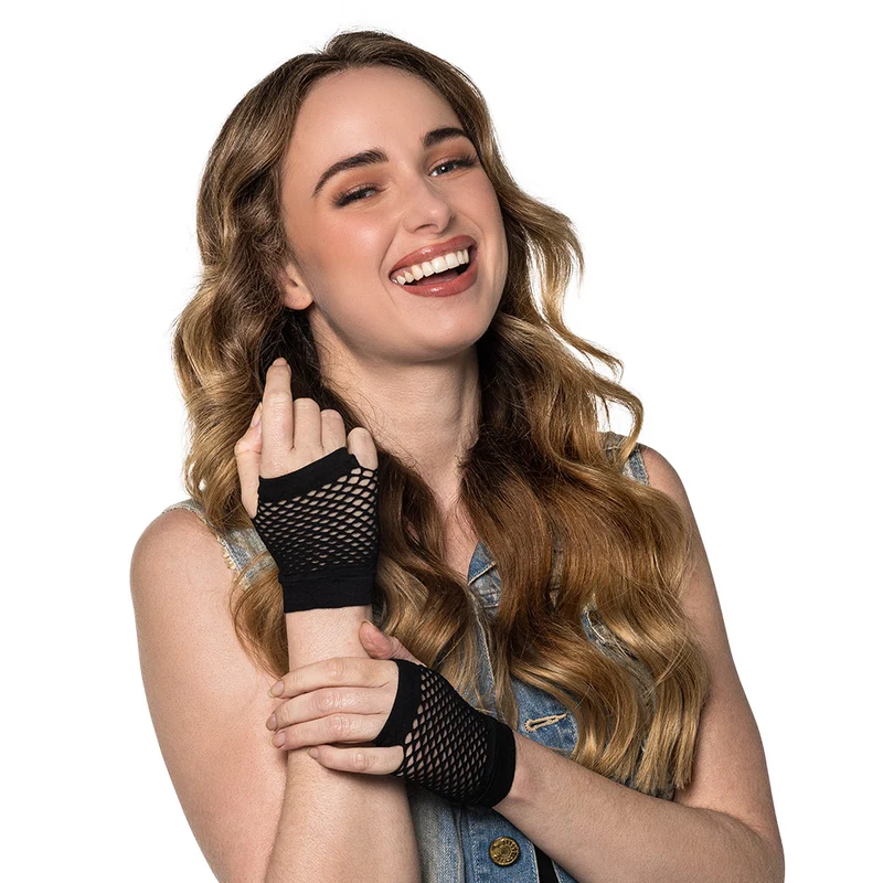 Korte zwarte mesh handschoenen dames (pols)
