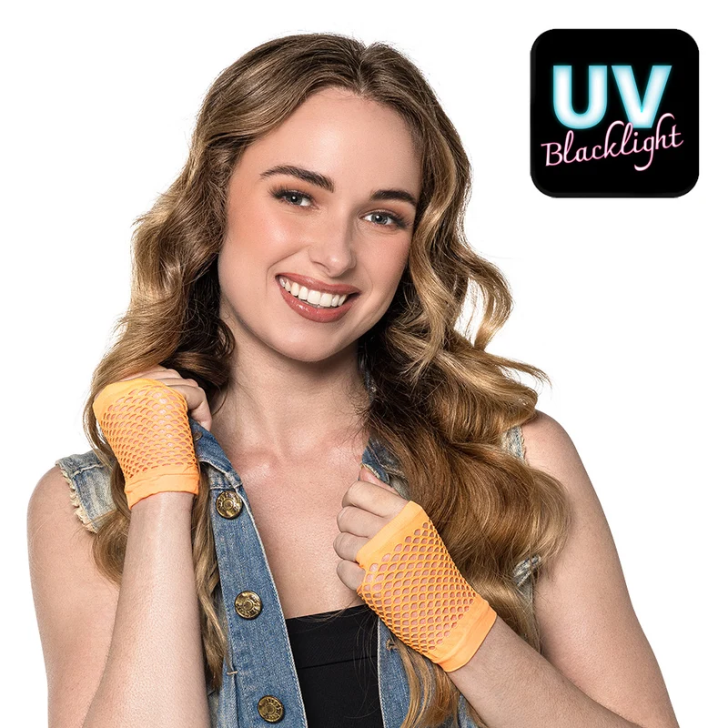 Korte neonoranje mesh handschoenen dames (pols)