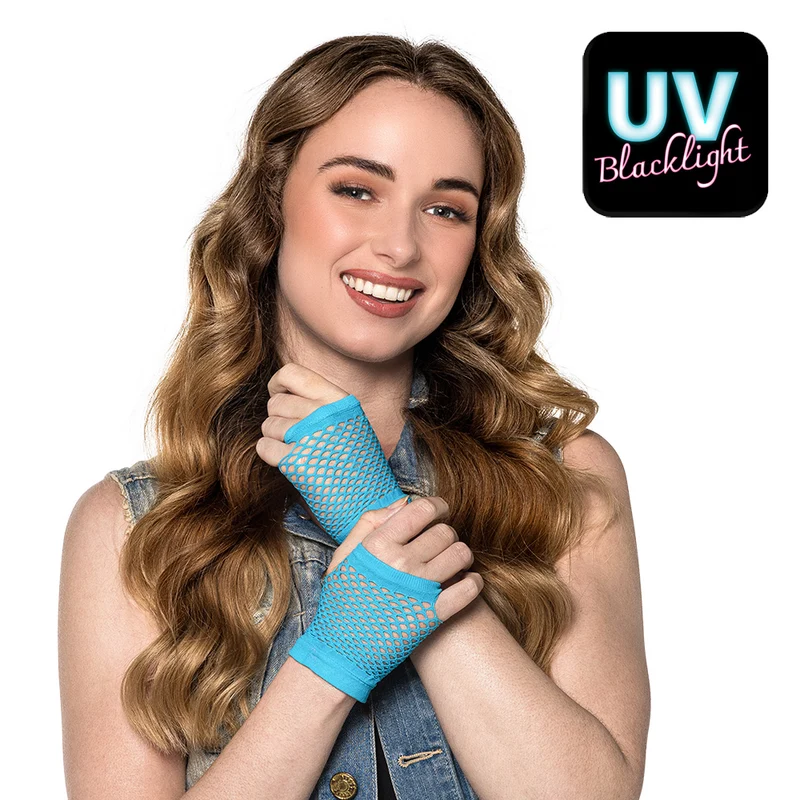 Korte neonblauwe mesh handschoenen dames (pols)