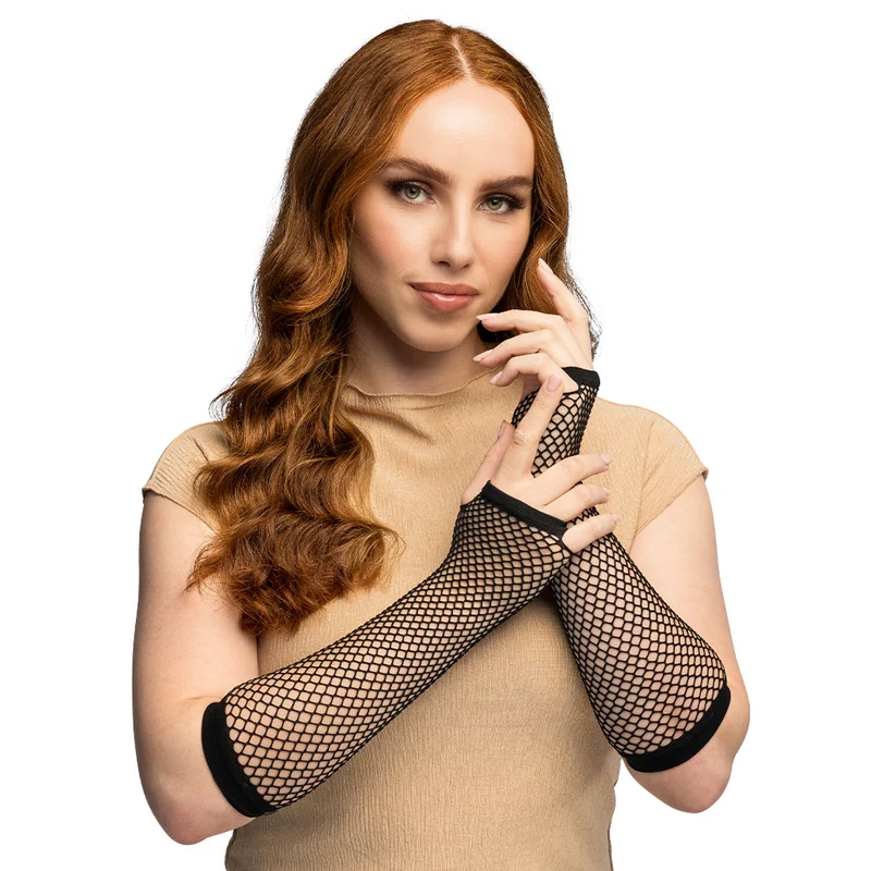 Lange zwarte mesh handschoenen dames (elleboog)