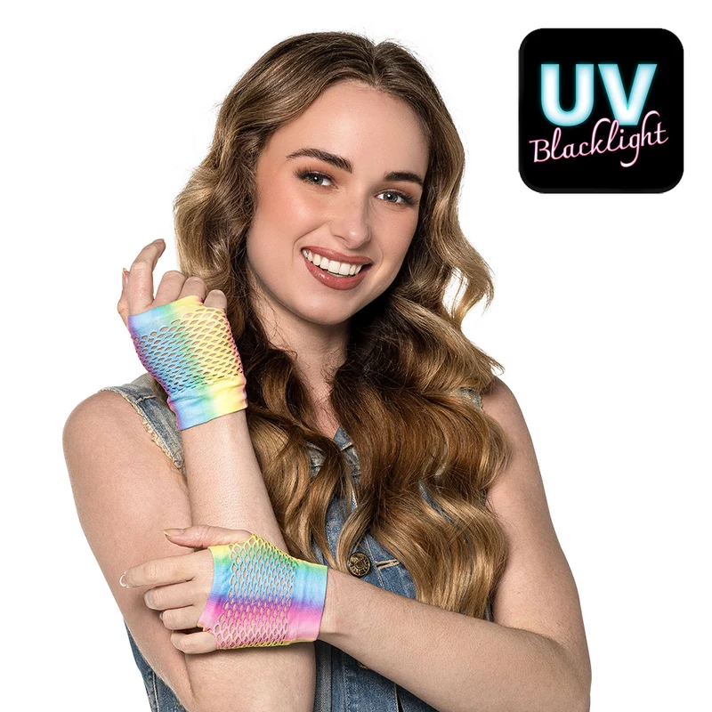 Korte regenboog mesh handschoenen dames (pols)