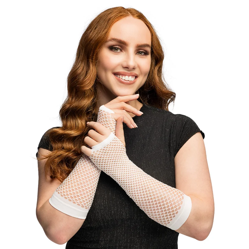 Lange witte mesh handschoenen dames (elleboog)