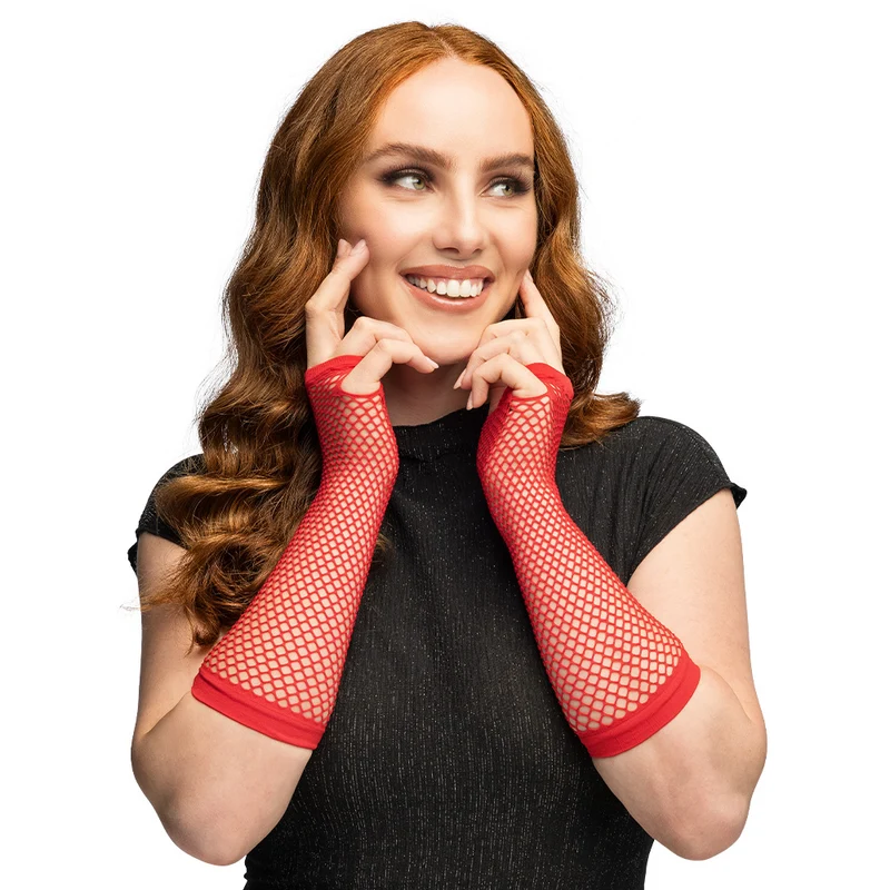 Lange rode mesh handschoenen dames (elleboog)