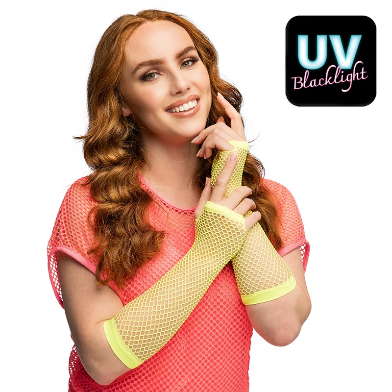 Lange neongele mesh handschoenen dames (elleboog)