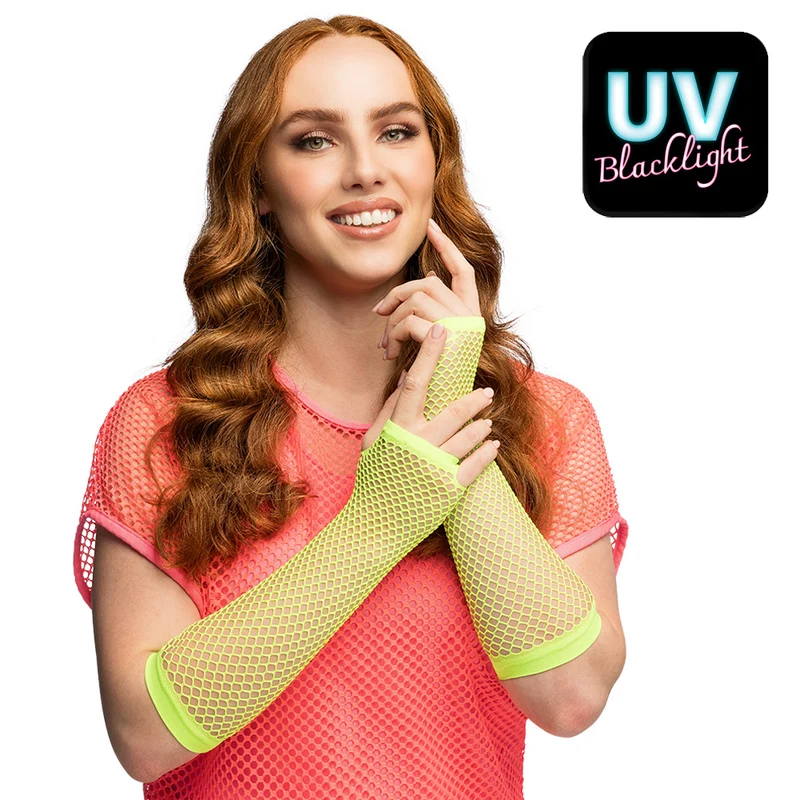 Lange neongroene mesh handschoenen dames (elleboog)