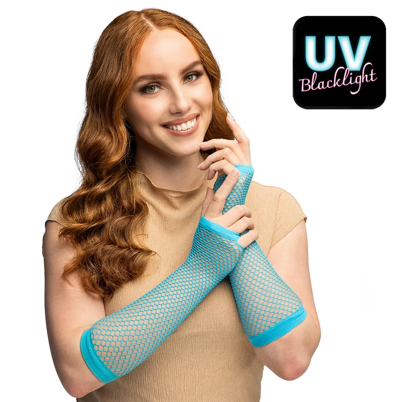 Lange neonblauwe mesh handschoenen dames (elleboog)