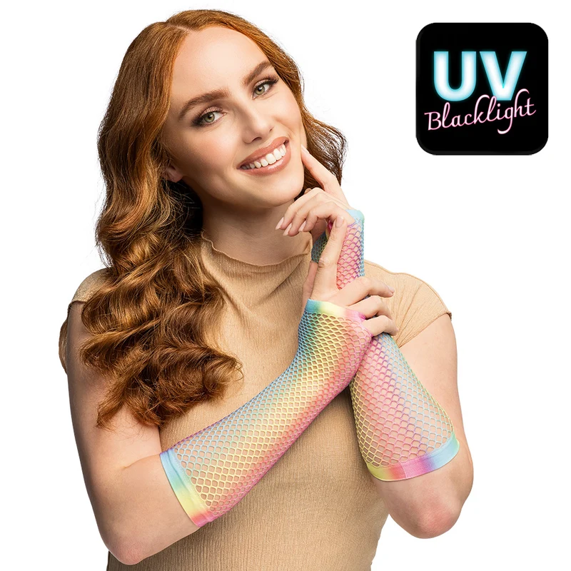 Lange regenboog mesh handschoenen dames (elleboog)