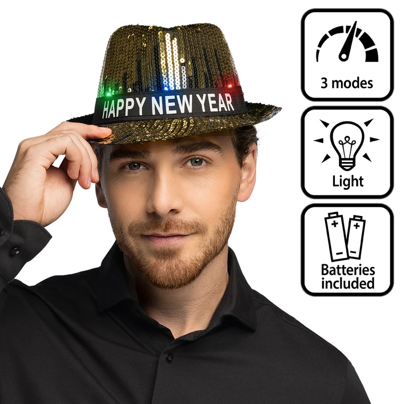 Gouden LED hoed Happy New Year (met verlichting)