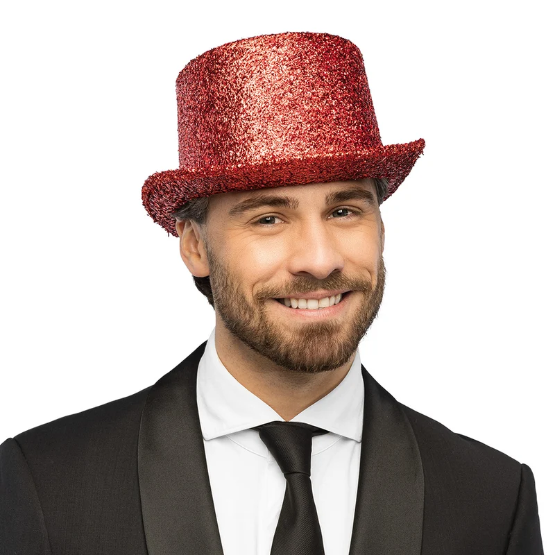 Hoed Showtime rood (glitter hoge hoed)