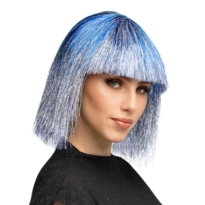Pruik Crazy blauw met zilver tinsel (krullen, one size)