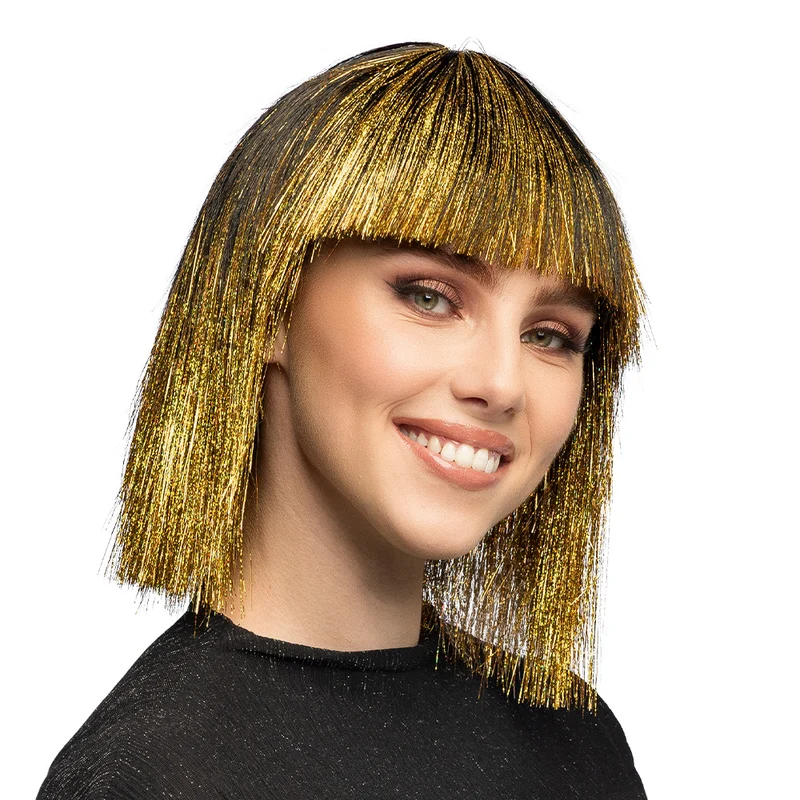 Pruik Crazy zwart met goud tinsel (krullen, one size)