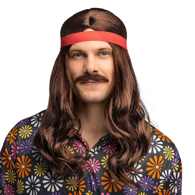 Pruik Woodstock bruin met hoofdband en snor (hippie set)